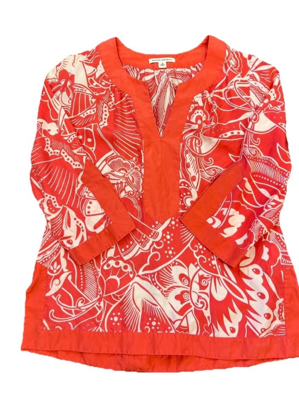 100% Silk Banana Republic Red White Floral Silk V-Neck 3/4 Sleeve Tunic Blouse M